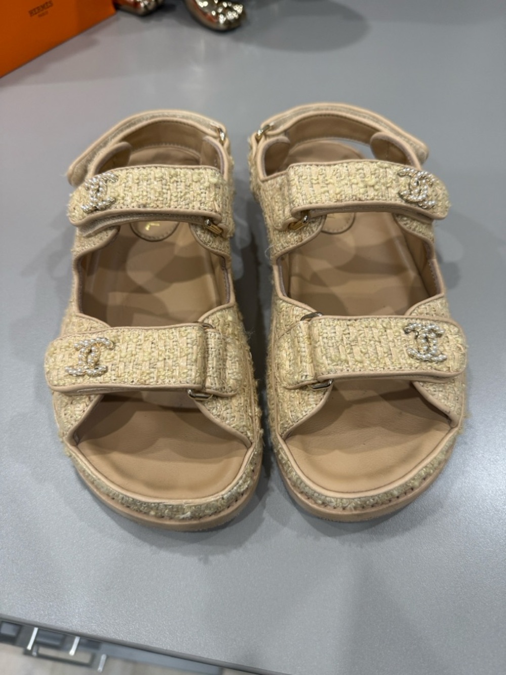 CHANEL Beige Tweed Crystal CC Double-Strap Sandals